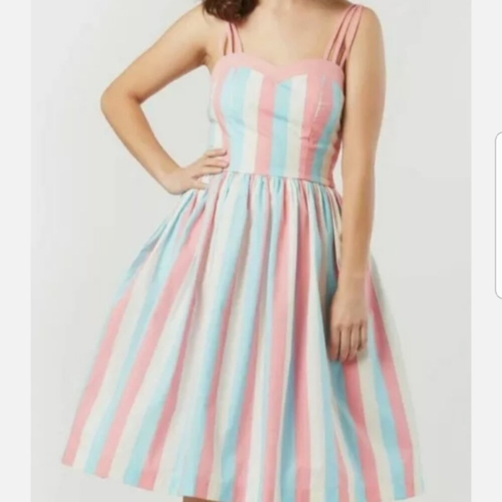 Unique Vintage Magnolia Park Blue & Pink Stripe Candy Swing SunDress XL/1X